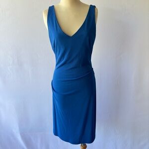 Womens Nicole Miller Blue V Neck Stretch Jersey Dress Side Tucks w Side Zipper